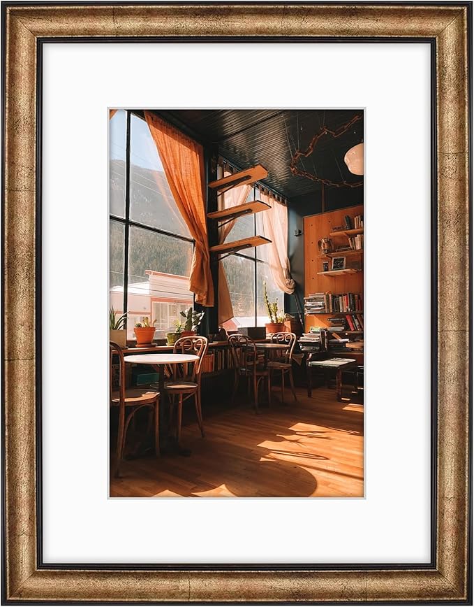 Golden State Art, 12x16 Black Trim Gold Frame - White Mat for 8x12 Photo - Vintage Antique Style - Brushed Texture Finish - Wall Mounting - Portrait/Landscape - Tempered Glass