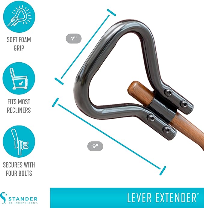 Stander Recliner Lever Extender, Oversized Grip Handle Adapter for Adults, Seniors, and Elderly, Extension Handle with Large Ergonomic Curve Grab Bar, Compatible with Wooden Recliner Handles - Black