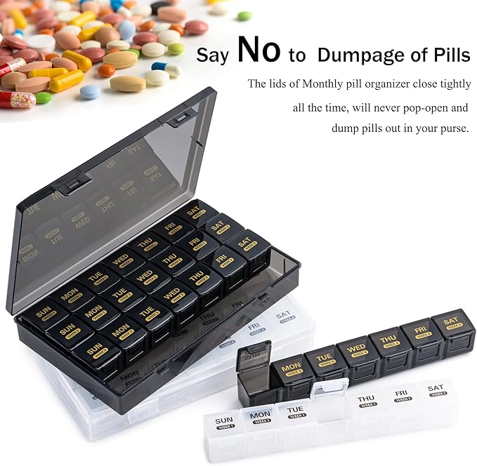 Monthly Pill Organizer, 28 Day Pill Box 1 Time a Day with Dust-Proof Case, Large 4 Weeks a Month Pill Case Container, Daily Vitamin Case Box for Pills/Medicine/Fish Oil/Supplements（Colorful）