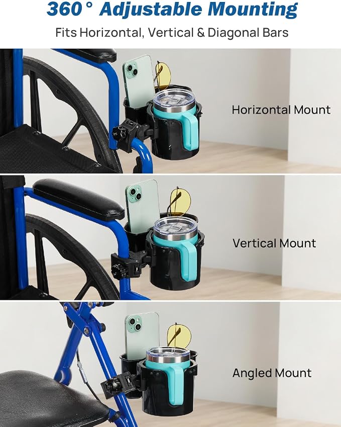 JOYTUTUS Wheelchair Cup Holder, 2-in-1 Walker Cup Holder with 6.4'' Large Storage Box, Drink Holder for Bottle with Handle, Fit for Wheelchair, Walker, Rollator, Stroller, Camper, Golf cart (Large)