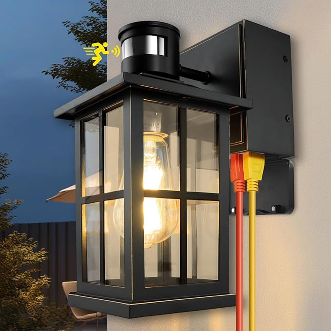 Motion Sensor Porch Lights with GFCI Outlet, Outside Dusk to Dawn Wall Mount, 3 Lighting Modes Exterior Light Fixture Waterproof, Outside Wall Lamp for House Patio Garage.(Black,1 Pack)