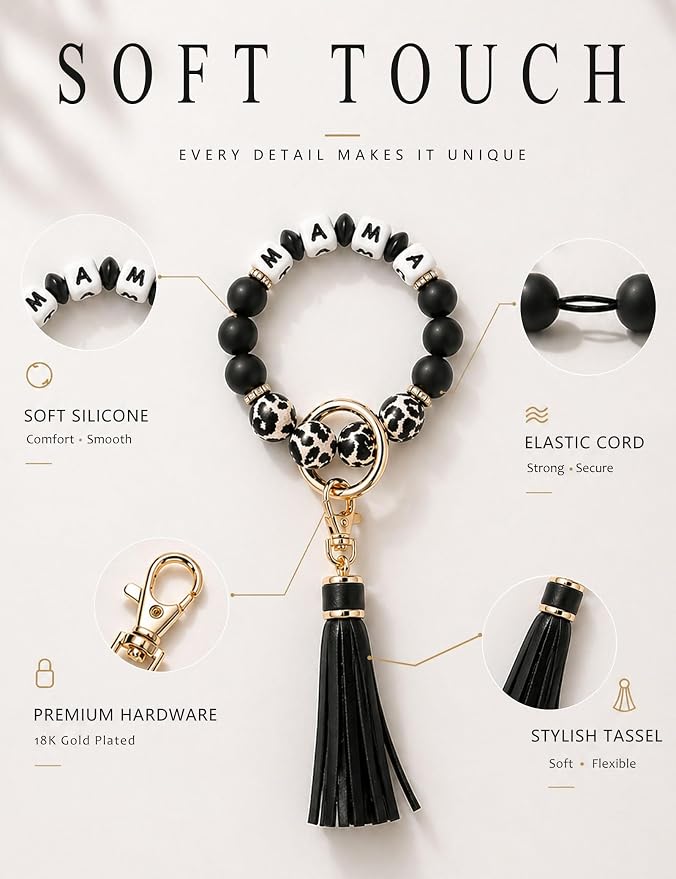 BAOSIWA Silicone Beaded Bracelet Keychain Wristlet Key Ring Bangle Chains for Women with Leather Tassel