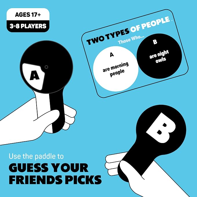 Two Types of People by Relatable, One of Our Go-to Party Games for Adults, Perfect Option for Board Games for Adults, Includes 300 Type Cards, 1 Guesser’s Paddle, 7 Answer Paddles