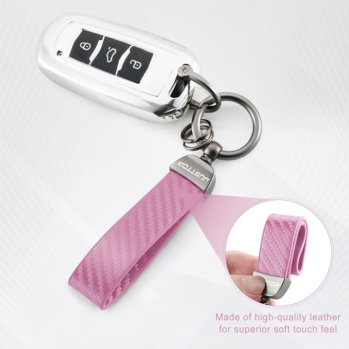 JUSTTOP Leather Keychain, Carbon Fiber Car Key Chain with Anti-Lost D-Ring and 2 Key Ring, Keychain Wristlet, Car Accessories, Universal Keychain for Men and Women (Pink)