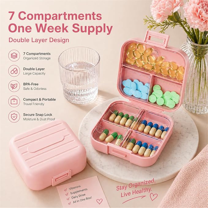Small Travel Pill Box, Double Layer 7-Compartments Pill Organizer, 3.1" x 3.1" x 1.4" Portable Weekly Pill Case Container for Pocket, 7 Day Compact Medicine Holder for Vitamins, Fish Oils Pink
