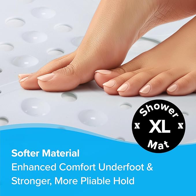 SlipX Solutions 27" Oversize Square Shower Mat, Non-Slip Mat for Elderly & Kids, 100+ Power Grip Suction Cups for Smooth Surfaces, Machine Washable, White