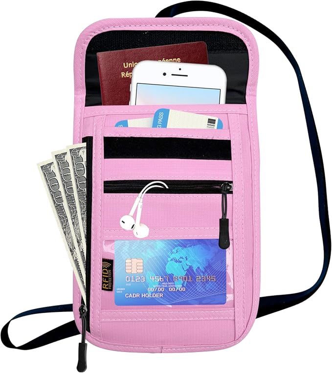 RFID Blocking Travel Neck Wallet Pouch and Passport Holder, Travel Neck Pouch Passport Holder for Women & Men - Pink