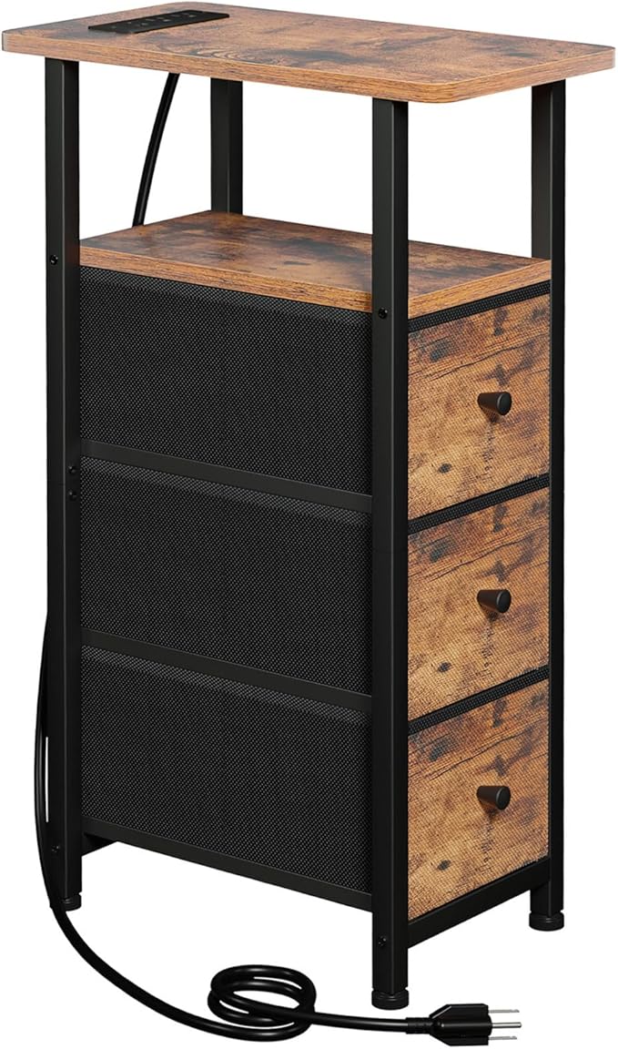 Narrow End Table with Charging Station, Small Nightstand | Skinny Side Tables Living Room with 3 Fabric Drawers, Slim Bedside Table for Bedroom, Small Spaces, Couch, Rustic Brown