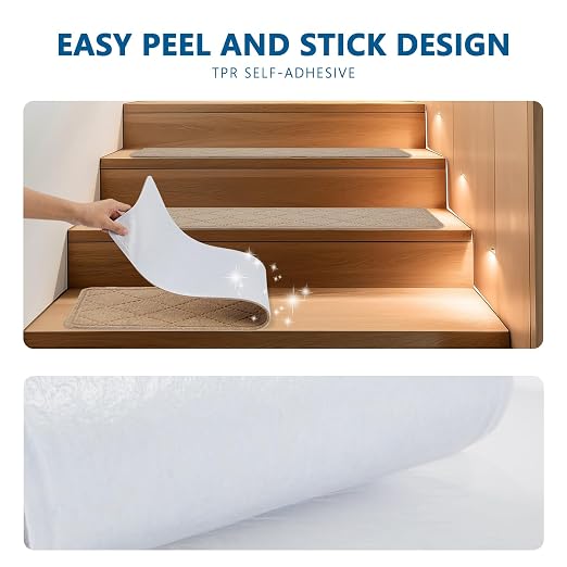 Stair Treads for Wooden Steps Indoor, 15 Pack 8" X 30" Washable Non Slip Carpet Stair Treads Peel and Stick, Reusable Pet Friendly Polyester Stair Runner Rugs for Kids Elders and Dogs, Beige