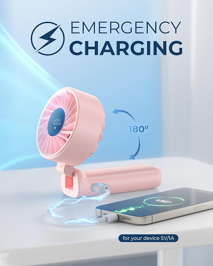 Peiyuu Handheld Portable Fan, 4000mAh USB Rechargeable Personal Fan, 180° Foldable Mini Desk Fan with 6 Wind Speed, LCD Digital Display, Lanyard as Neck Fan, Ultra Quiet