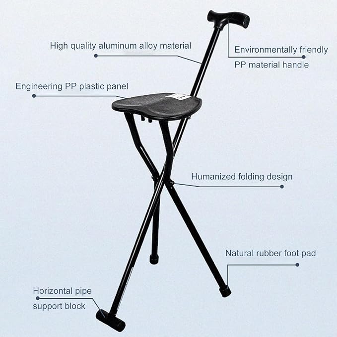 300 Lbs Crutch Stool with Seat, Lightweight Folding Walking Stick Cane for Seniors, Elderly, Portable Mobility Aid for Camping, Hiking, Travel, Outdoor Activities
