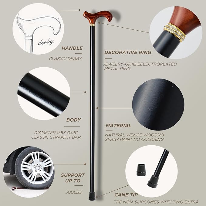GUYUE Handcrafted Wooden Cane for Men & Women,Gentleman's Walking Sticks, Ergonomic Senior Canes, Natural Solid Wood Luxury Cane, Perfect for Gift-Giving