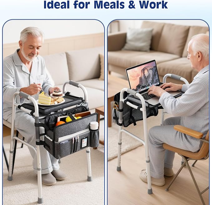 MoKo Walker Basket Bag with Tray, Upgraded Detachable Walker Tray for Folding Walkers with Non-Slip Mat, Large Storage Bag with Multi-Pockets and Cup Holder, Walkers Accessories for Senior, Gray