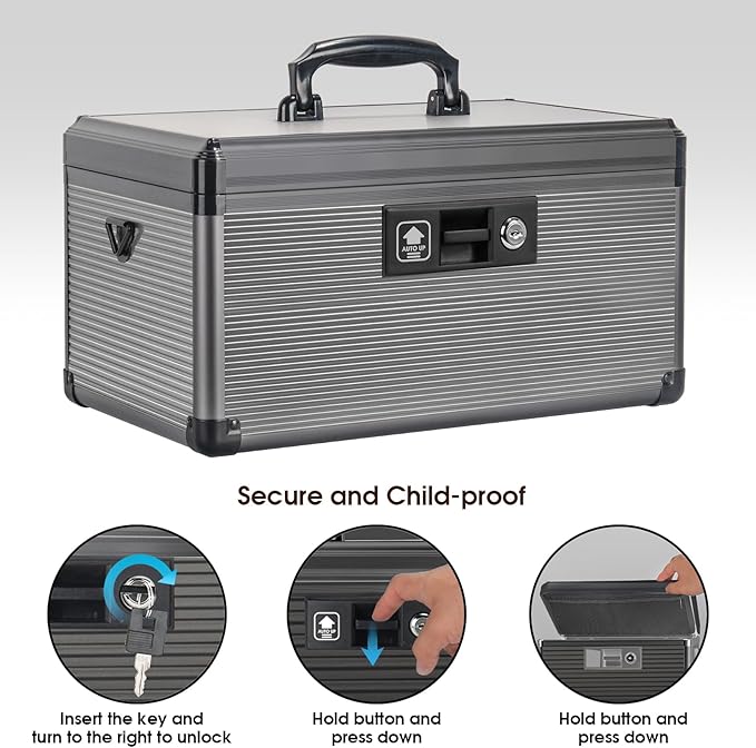 Medicine Lock Box with Key, Alluminum Alloy Box for Medication,First Aid Box with a Removeable Tray to Store Medicines & Pills for Home, Black, 14 * 8.46 * 7.48 Inch