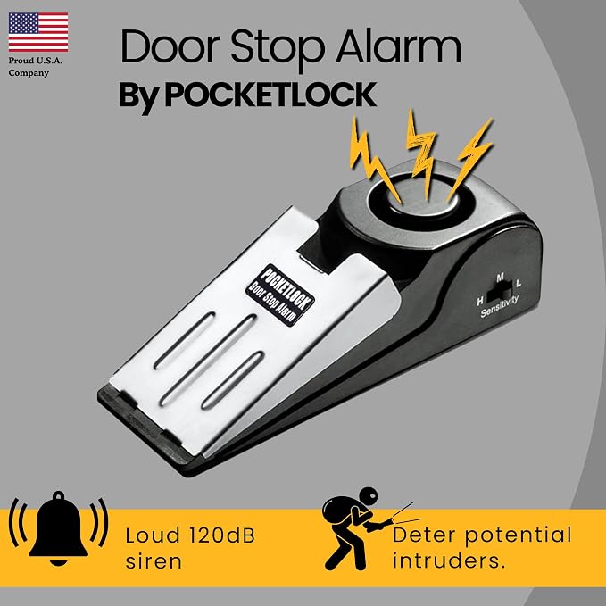 Door Stop Alarm with 120 dB Siren – Portable Travel Door Stopper Alarm Wedge for Hotel, Apartment & Dorm Security – Battery-Operated, Black, 4-Pack