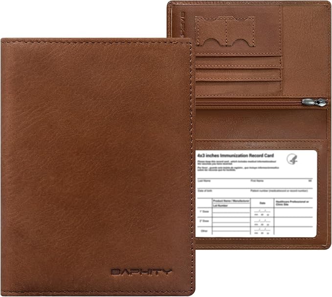 BAPHITY Unisex Leather RFID Blocking Vacation Passport Organizer, Red Brown | Top-Grain Leather, RFID Blocking, Multi Slots (3+2 SD), Slim, Unisex Multi-Function Holder, Travel Sleeve