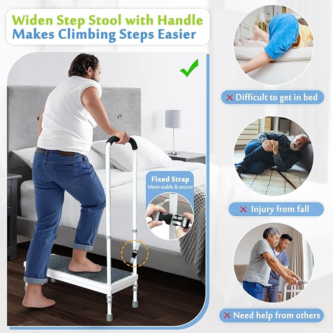 Step Stool with Handle for Elderly Adults Medical Bedside Steps for High Beds Seniors Safety Stepping Stool with Handrail Heavy Duty 400lbs Adjustable Handicap Bed Stairs Wide Platform-31