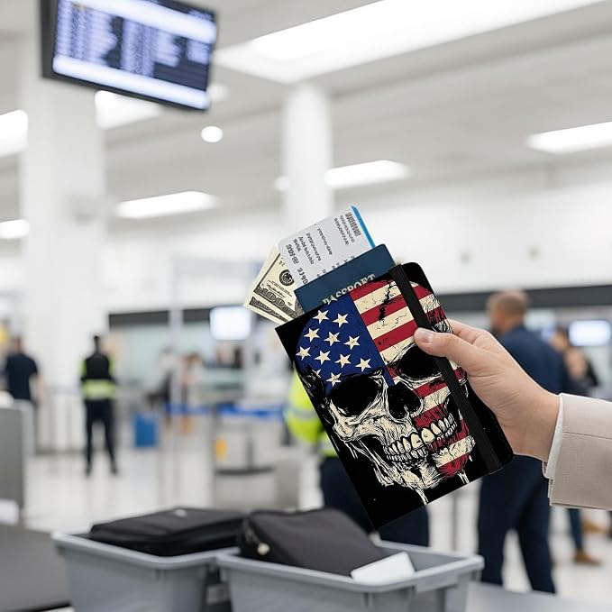 Passport Holder Wallet Cover Case,RFID Blocking Passport Cover,Large Capacity Travel Wallet with Multi Card Slots (Skull American Flag)