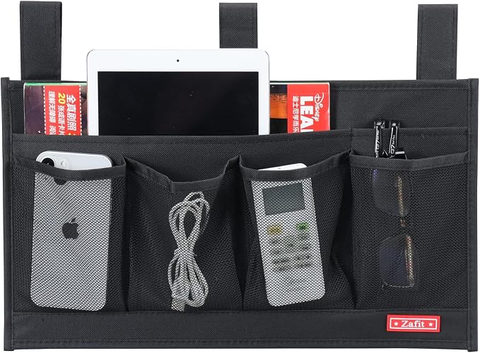 Zafit Hanging Bedside Caddy, Bedside Storage Organizer for Magazine, Phone, Remote control (6 Pockets-Black)