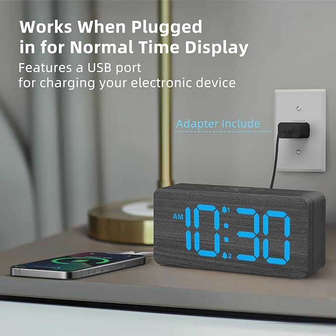 uscce Wooden Digital Alarm Clocks for Bedrooms with 0-100% Dimmable Display | Desk Clock with Large Numbers for Living Room - Loud Dual Alarm for Heavy Sleepers with Volume Control - Wood Decor & Gifts
