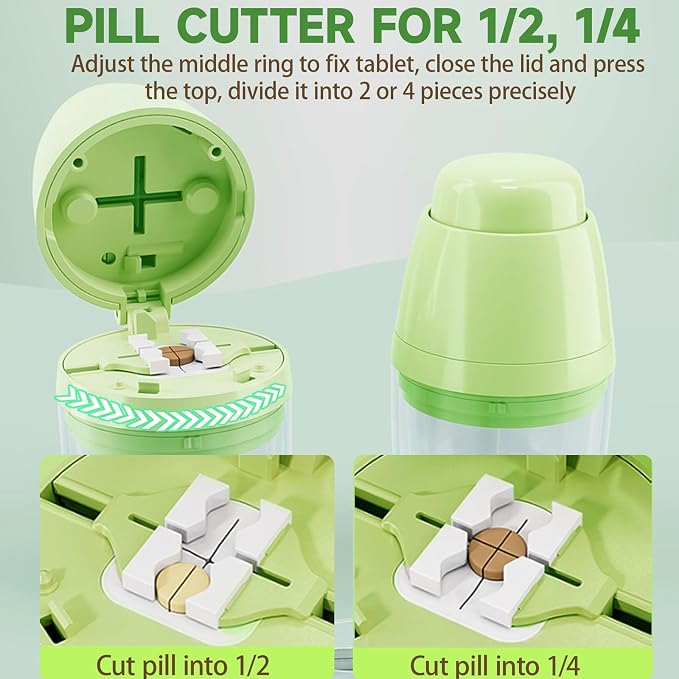 Pill Cutter with Water Cup, 1/4 Pill Splitter for Small and Large Pills Precision Quarter Cutter Splitter with Dispenser, 3-Compartment Storage | Stainless Steel Blade (Green)