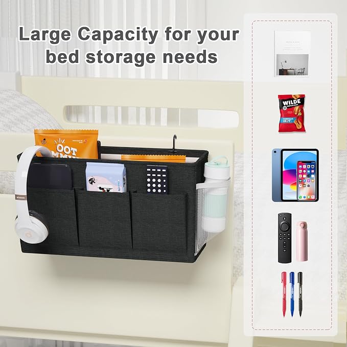 Bedside Caddy Storage Organizer for Bed Rails, Bed Caddy with 6 Pockets | Bedside Organizer with Fixed Straps and Hooks, Mattress Supported Versatile for Home, Dorm, Bunk, Hospital and Crib Bed