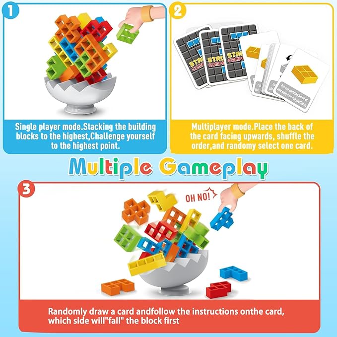 70PCS Stack Game for Adult & Kids, 3D Tetra Board Tower Games for Family Travel Party, 2 Players Balance Stacking Toy, Team Toys Building Block