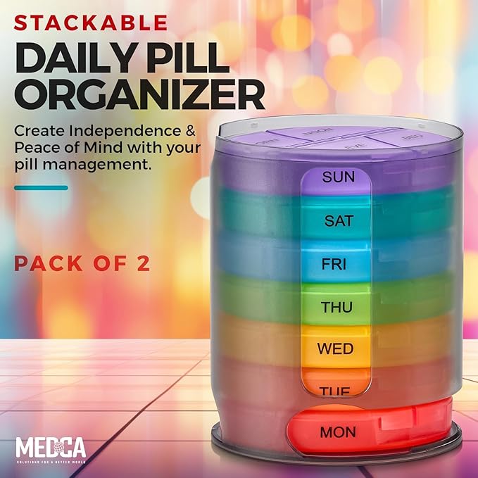 MEDca Weekly Pill Organizer, 1 Dispenser, 7 Stackable Multi-Color Compartments Four Times-a-Day - Morning, Noon, Evening, and Bedtime, Black, 2-Pack