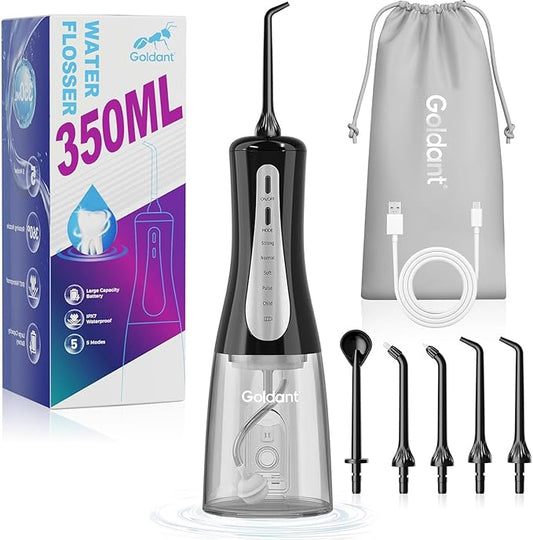 350ML Water Dental Flosser Teeth Pick with Travel Bag, 5 Modes Portable Cordless Oral Irrigator Cleaner, Electric Rechargeable IPX7 Waterproof for Home Travel Teeth Cleaning flossing(Black)