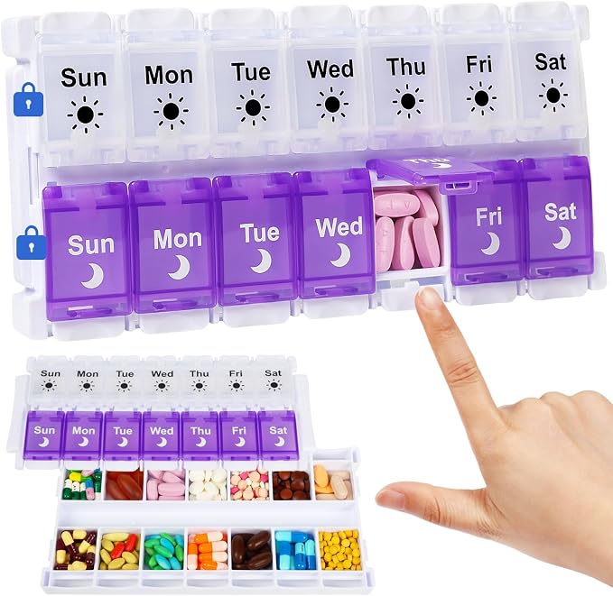 Shintop Am Pm Pill Organizer 7 Day, Weekly Pill Box 2 Times a Day | Easy-Open Push Button, Quick-Fill Top, 14 Large Compartments, BPA-Free PP, Silicone Hinges, Senior- and Arthritis-Friendly