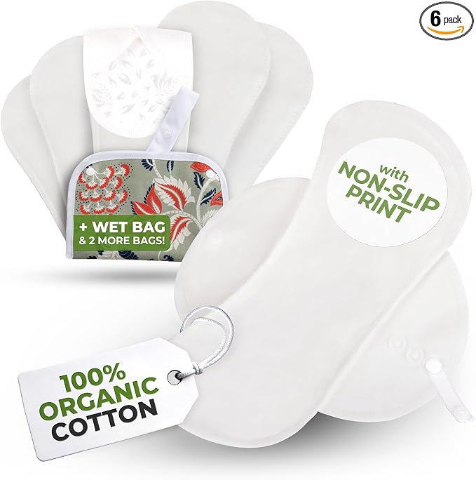 Non-Slip Reusable Incontinence Pads for Bladder Control (L+XL; 6-Pack); High Temp Washable Organic Cotton Cloth Pads with Quick Absorption & Odor Control; Soft & Non-Irritating for Sensitive Skin