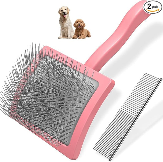 2PCS Slicker Brush for Dogs & Pet Comb,Professional Dog Grooming Brush (Goldendoodles,Poodles,Labradoodles) with Extra Long Pins to Effectively Remove Tangles, Knots and Mats (Light Pink, Large)