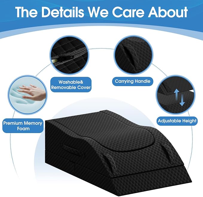 TranquilRelax Leg Pillow, Leg Elevation Pillow with Pad and Memory Foam, Height Adjustable Bolster Pillow for Legs, Leg Pillow Elevation Blood Circulation, for Post-Surgery, Full Black