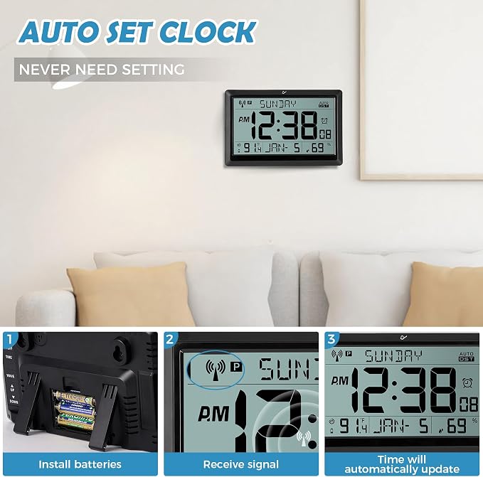 Amgico Digital Wall Clock,10.5" Large Display Atomic Clock,Battery Operated,Digital Calendar Auto Setting with Indoor Temperature,Humidity,Date,Day,Auto DST for Elderly Bedroom Classroom,No Backlight
