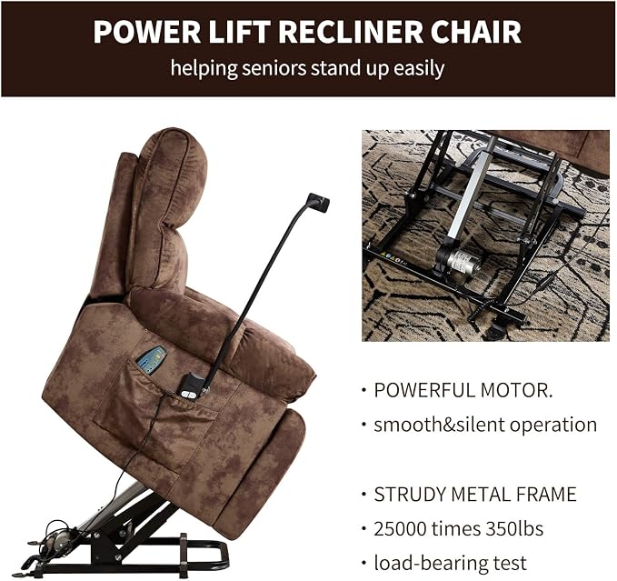 Power Lift Recliner for Elderly with Heat & Massage, Wide Electric Reclining Chair with Cup Holder, Phone Holder & Side Pockets, Brown