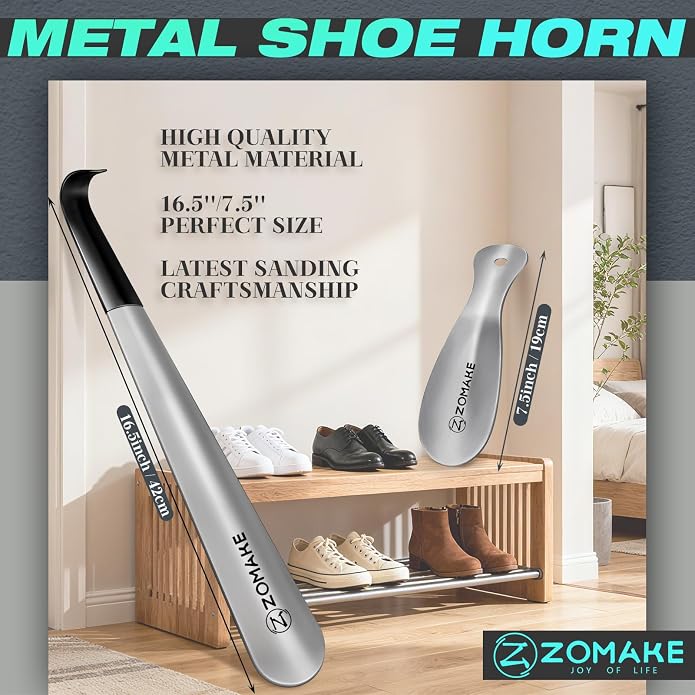 ZOMAKE Shoe Horn Long Handle, Metal Long Shoehorn 7.5" 16.5" 28.3" | Metal Shoehorn Long handle for Boots ,Stainless Steel Travel Small Shoe Spoon Helper