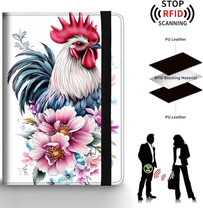 Passport Holder Wallet Cover Case,RFID Blocking Passport Cover,Large Capacity Travel Wallet with Multi Card Slots (Funny Rooster Flower)