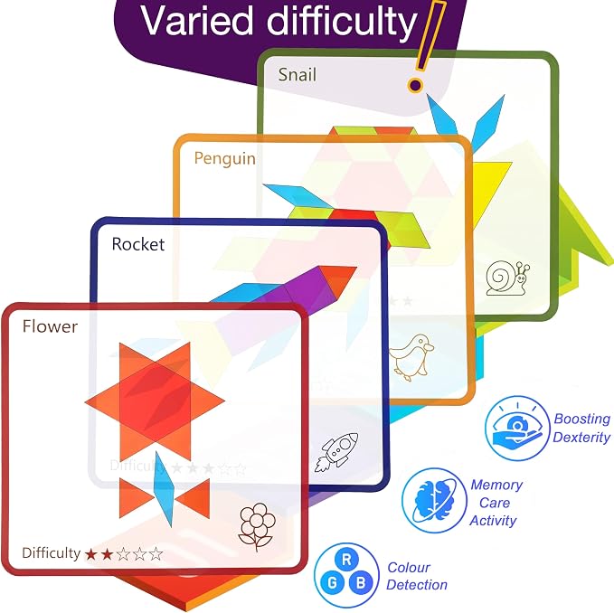 Memory Game for Senior, Dementia Activities Toy Tangram Puzzle for Elderly | 80 Pieces Wooden Cognitive Games for Alzheimer Patients, Large Colorful Shape Pattern Matching Board Brain Care Gifts Craft