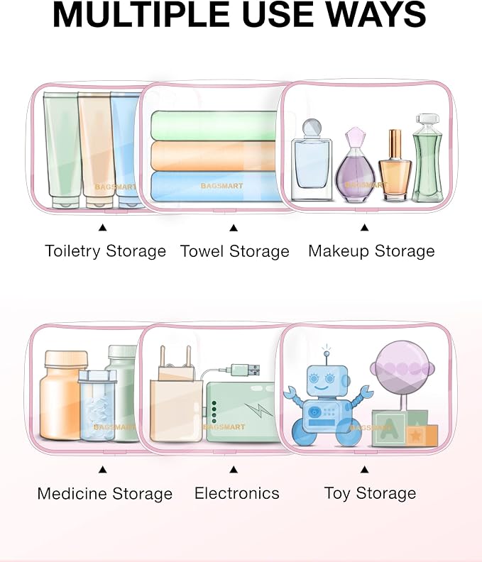 BAGSMART Clear Toiletry Bag 2-Pack TSA Approved Water-Repellent, Pink | Carry on Travel Accessories Bag, Airport Airline Quart Size Bags for Women Men, Makeup Cosmetic Bag