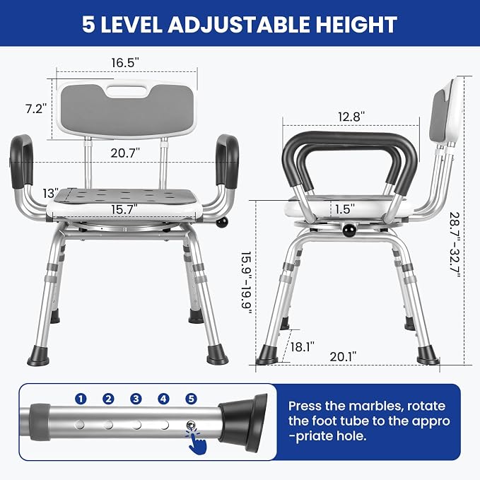 Deluxe Swivel Shower Chair with Arms & Back by CZMY, 360° Locking Seat, 5-Level Height Adjustable, Padded Heavy-Duty Bath Chair, 300 lbs, for Seniors, Elderly, Handicap & Disabled