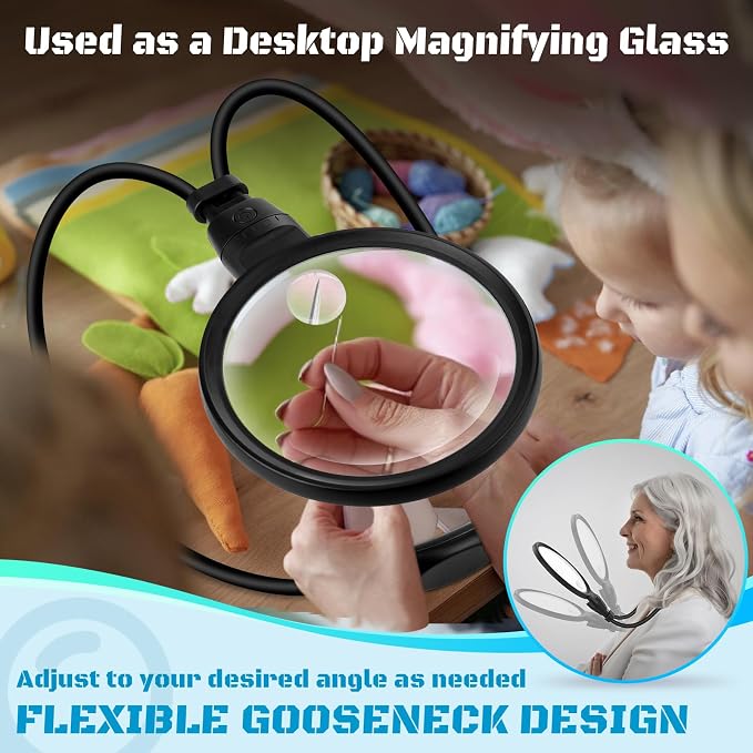 10X 30X Large Magnifying Glass with Light, Hands Free Magnifying Glass for Reading, 3 Color LED Lights Flexible Gooseneck Magnifier for Close Work Reading Sewing, 4.3in