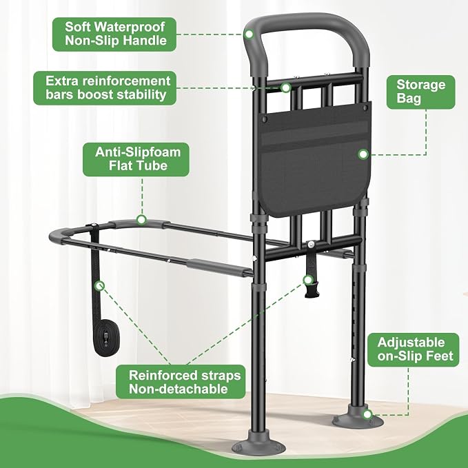 Bed Rails for Elderly Adults Safety with Ergonomic Padded Handle, ASTM Approved Adjustable Bed Assist Rail for Seniors, 400lb Weight Capacity, Fixing Strap&Storage Pocket, Fits Twin/Full/Queen/King