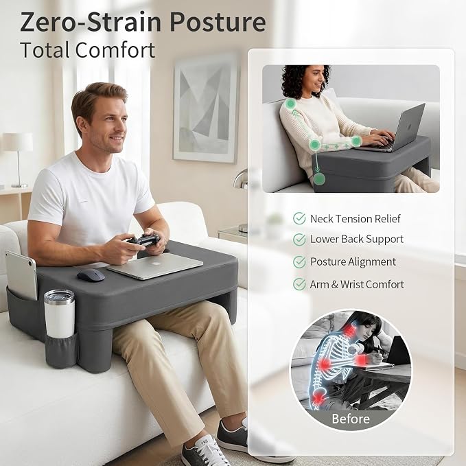 septsun 26" Extra Wide Lap Desk Pillow, Laptop Desk for Couch and Bed | Dark Gray Large Soft Foam Workstation with Ergonomic Armrest Elbow Relief; Mouse-ready Fabric, Cup Holder, Sofa Gaming