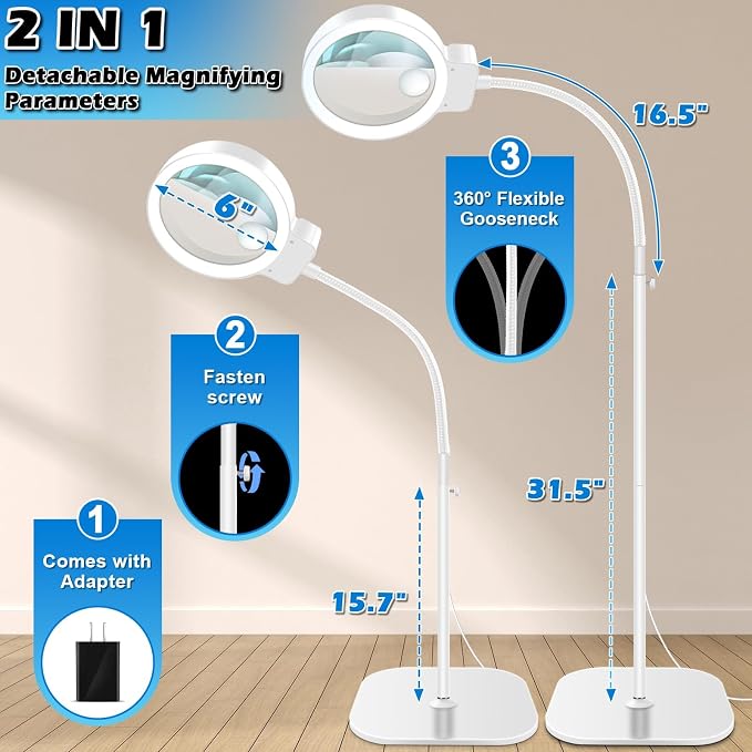 30X 10X Large Floor Magnifying Glass with Light and Stand | 2-in-1 Flexible Gooseneck Floor Magnifying Lamp,72 LED Lights, 3 Color Modes, Close Work,Sewing,Crafts,Hobbies