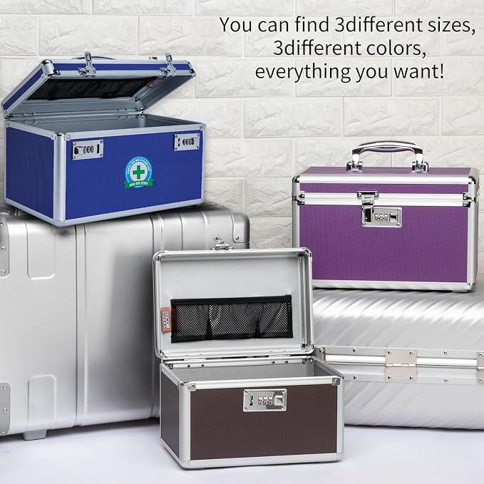 Locking Box with Portable Storage Case, 14.2''x 7.2''x 8.2''，Childproof Medication Lock Organizer, Lockbox for Documents，Medicine & Valuables (Purple/Large)