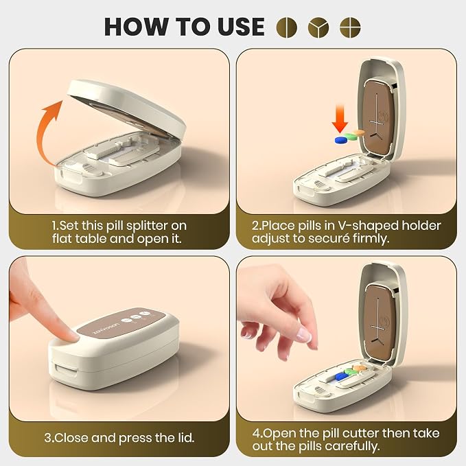Pill Cutter Splitter for Small and Tiny Pills, Anti-Slip Silicone Pad Holds Pills Steady, Adjustable Pill Cutter for Accurate 1/2 1/3 1/4 Cutting, Sharp Stainless Steel Blade with Safety Guard