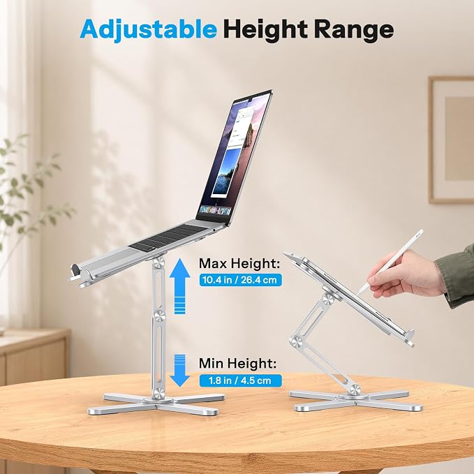 OMOTON LA10 360° Rotating Laptop Stand Riser Foldable for Desk, Silver | Aluminium Aolly, Adjustable Height Angles, Collaborative Work, Easy Storage, Fits Laptops up to 17", for MacBook Pro/Air HP