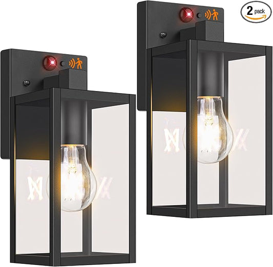 2-Pack 10.6” Upgraded Motion Sensor Outdoor Wall Lights, Black | Auto ON/OFF, 3 Lighting Modes, Waterproof, Rust-Resistant, Durable Metal & Clear Glass, Standard E26 Sockets, Easy to Install