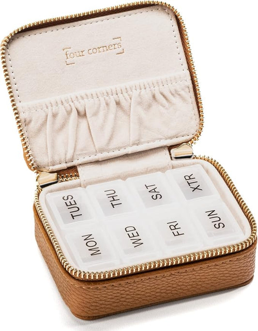 Weekly Pill Organizer 7 Day – Travel Pill Case for Vitamins & Medication, Premium Vegan Leather Pill Box with Removable Daily Compartments, Portable Supplement Organizer with Secure Zipper (Brown)