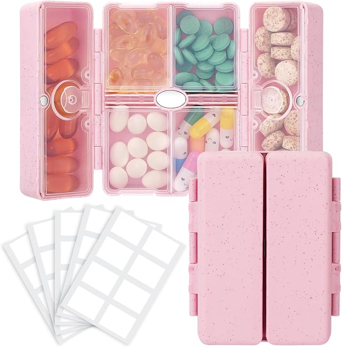 FYY Travel Pill Organizer with Blank Lables,6 Compartments Magnetic Pill Organizer Pill Box for Purse Pocket to Hold Vitamins,Cod Liver Oil,Supplements and Medication-Pink
